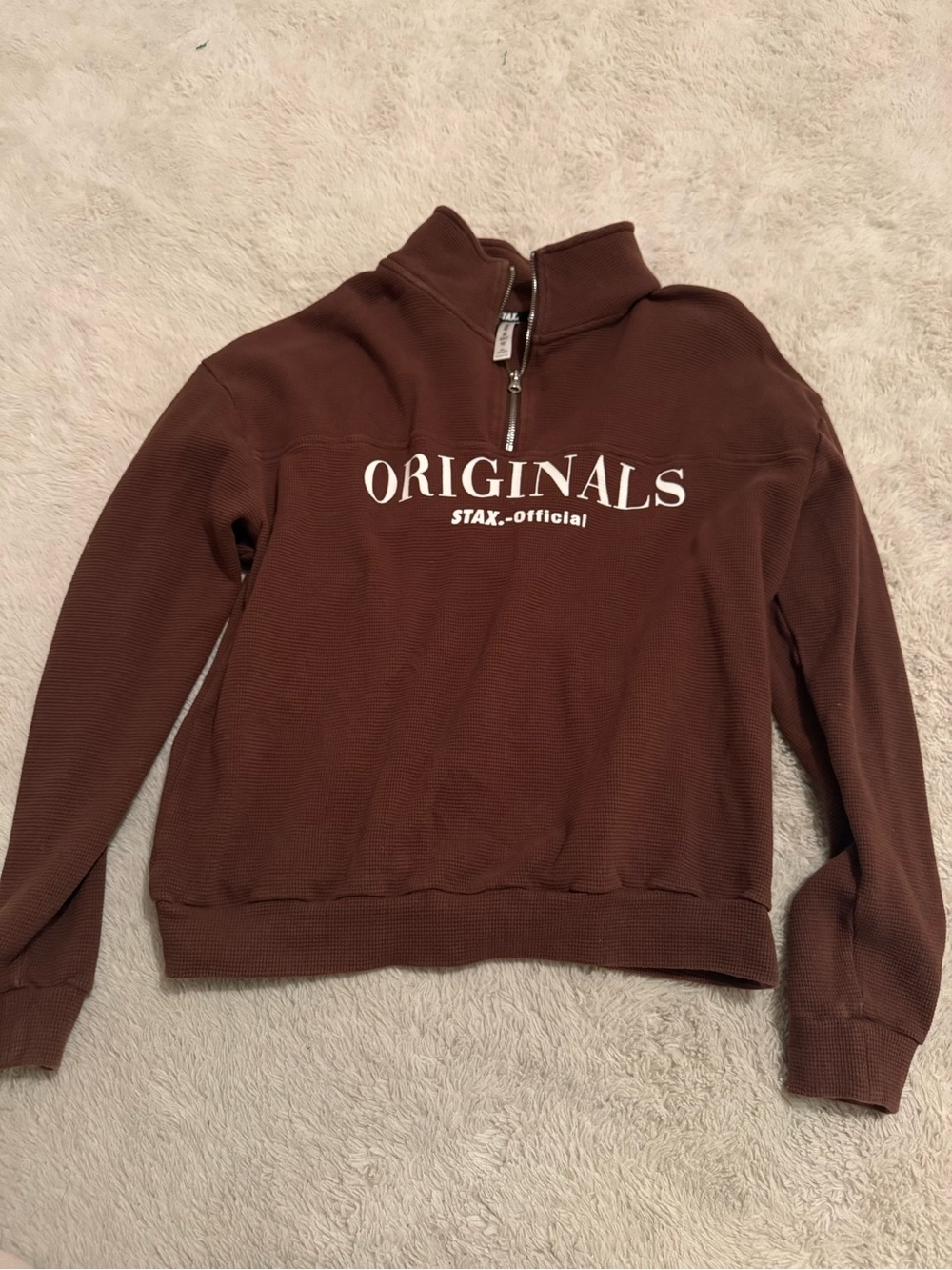 Stax originals brown waffle knit cotton quarter zip up sweater size medium